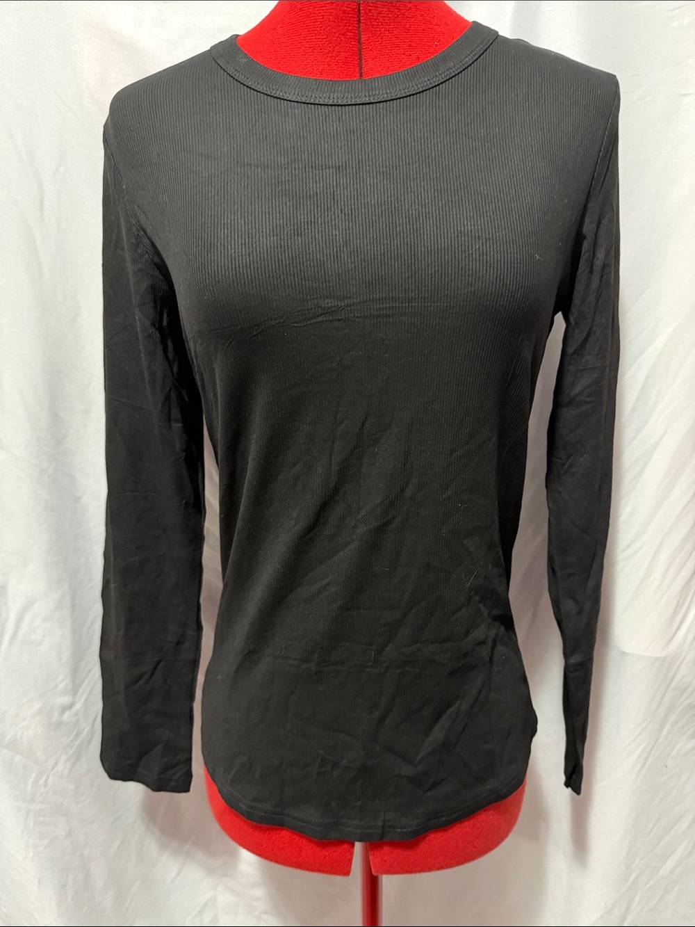 Women's Black Long Sleeve Ribbed Crewneck Top
